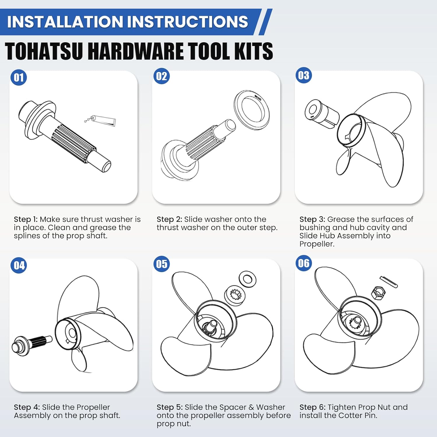 Outboard Upgrade Propeller Installation Hardware Tools Kit Fits Tohatsu 35/40/50/55HP, Includes Thrust Washer, Spacer, Washer, Nut and Cotter Pin