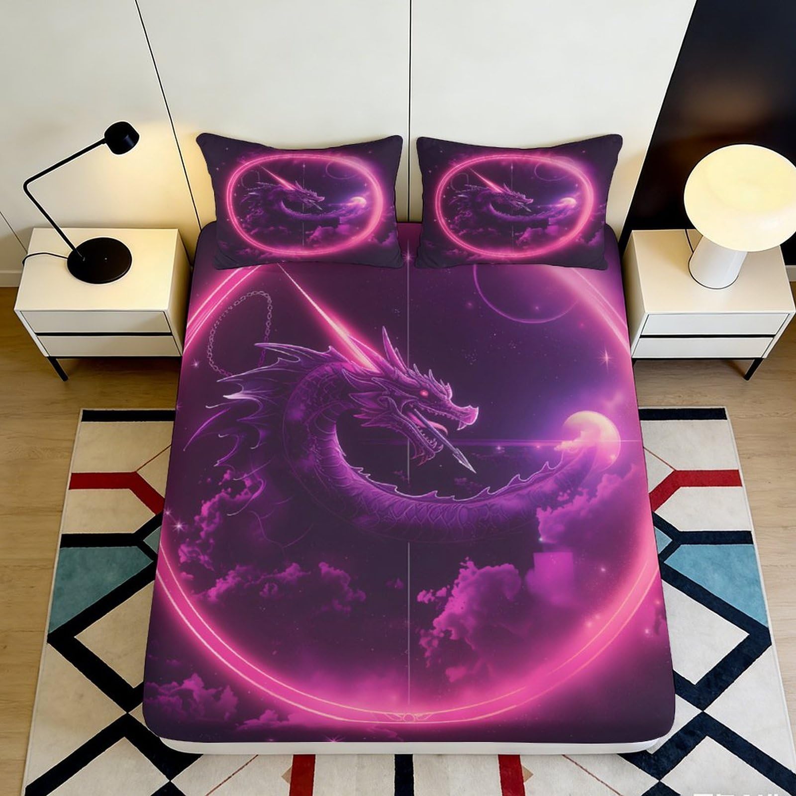 3D Printed Neon Dragon Fitted Sheet Microfiber Purple Fantasy Bed Cover for Bedroom Dorm Mattress Decor 90x200x25cm