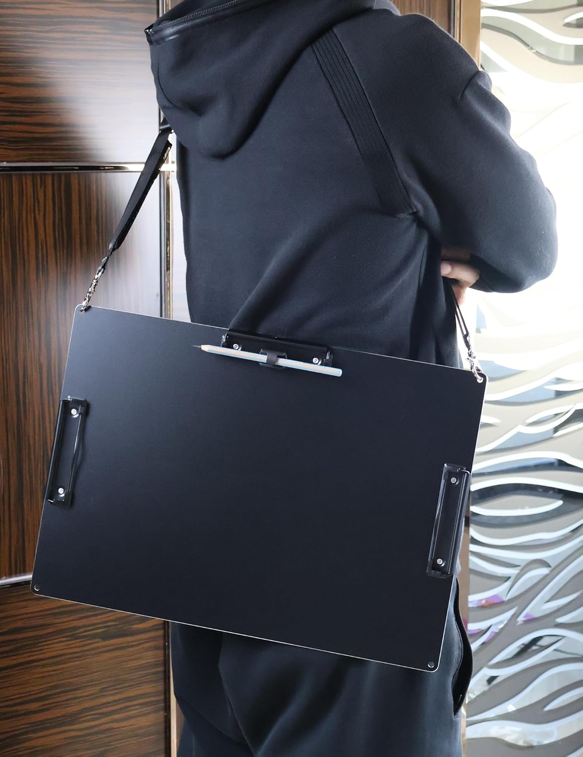 Three Clips Work Clipboards,Black Metal Aluminum Portable Field Clip Board,A3(12.6"X17.7") Heavy-Duty Large Clipboard with 2 Shoulder Straps