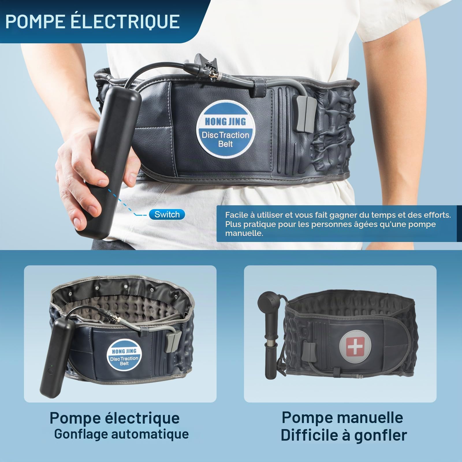 HONGJING Ceinture dorsale de décompression avec pompe électrique pour soulager les maux de dos, soutien lombaire gonflable pour le levage, taille unique, taille 63,8 à 1012,7 cm