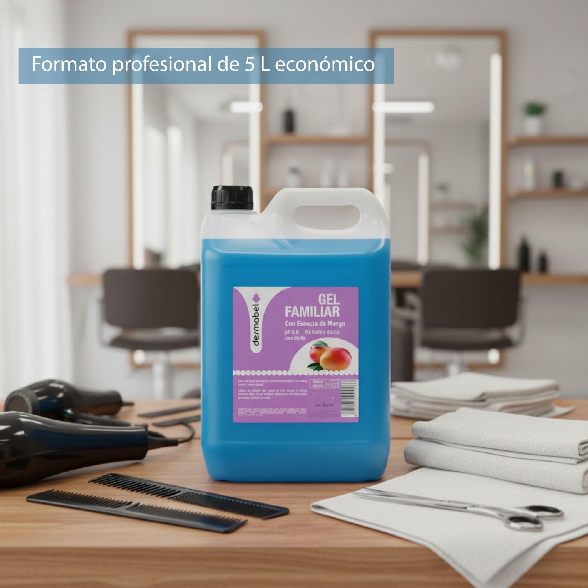 DESMABEL Gel Familiar con Esencia de Mango | Limpieza Corporal para Baño, Ducha y Manos | Cuidado Diario para Toda la Familia pH 5.5 | Formato Profesional Garrafa de 5 L
