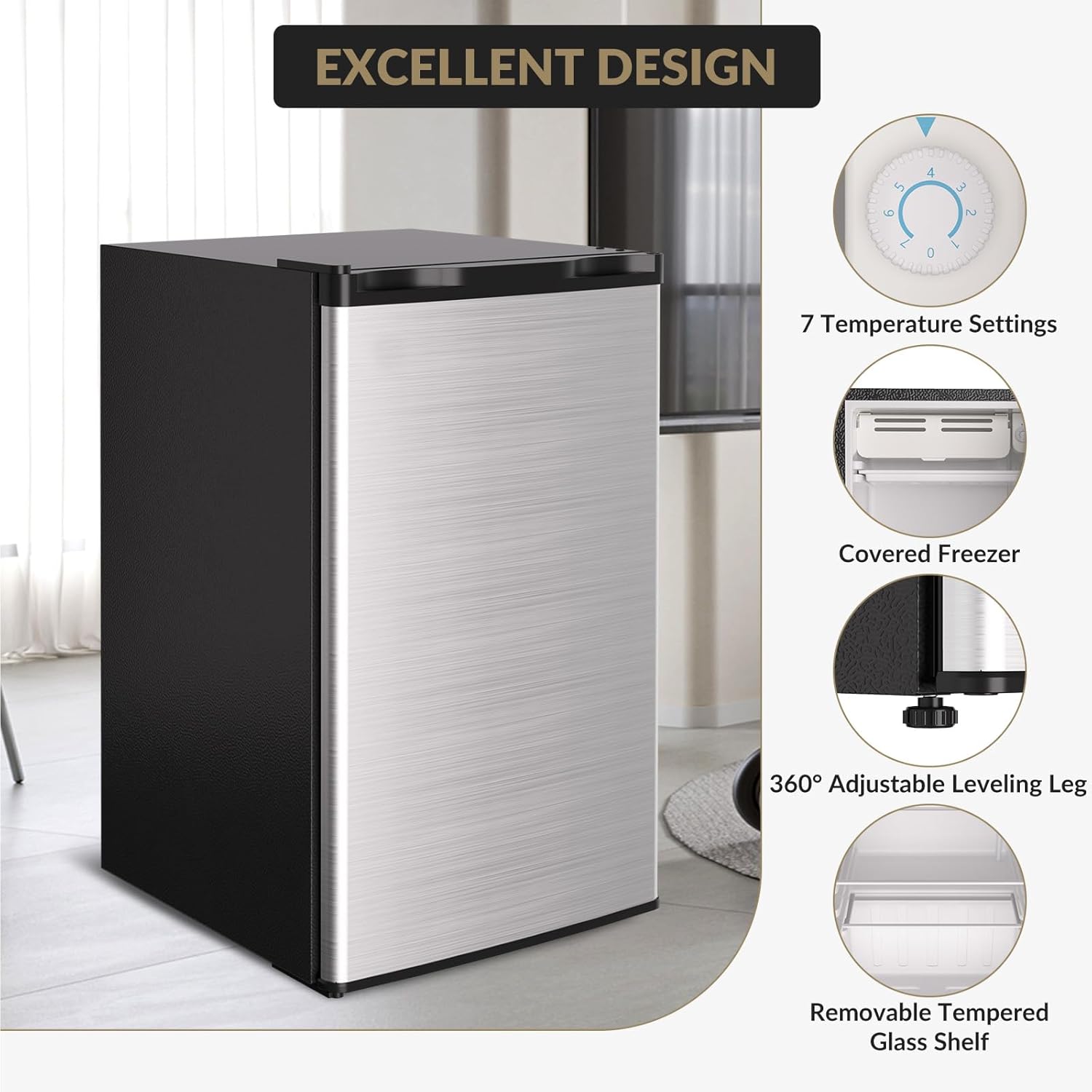 3.2 Cu.Ft Mini Fridge with Freezer - Compact Refrigerator with Reversible Door, 7 Adjustable Thermostat, Energy-Efficient, Low Noise, for Home, Bedroom, Office, Dorm, Silver