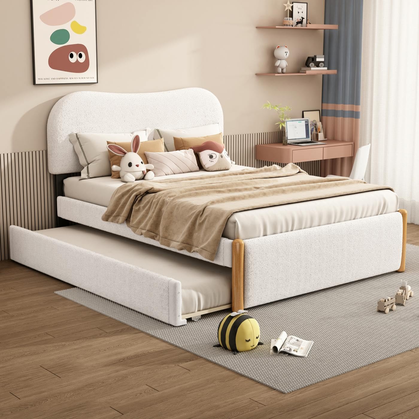 Sweiko Lit Plat 140 * 200cm, lit rembourré en Bois avec lit gigogne Pratique, Cadre de lit pour Enfants,lit Adult Double