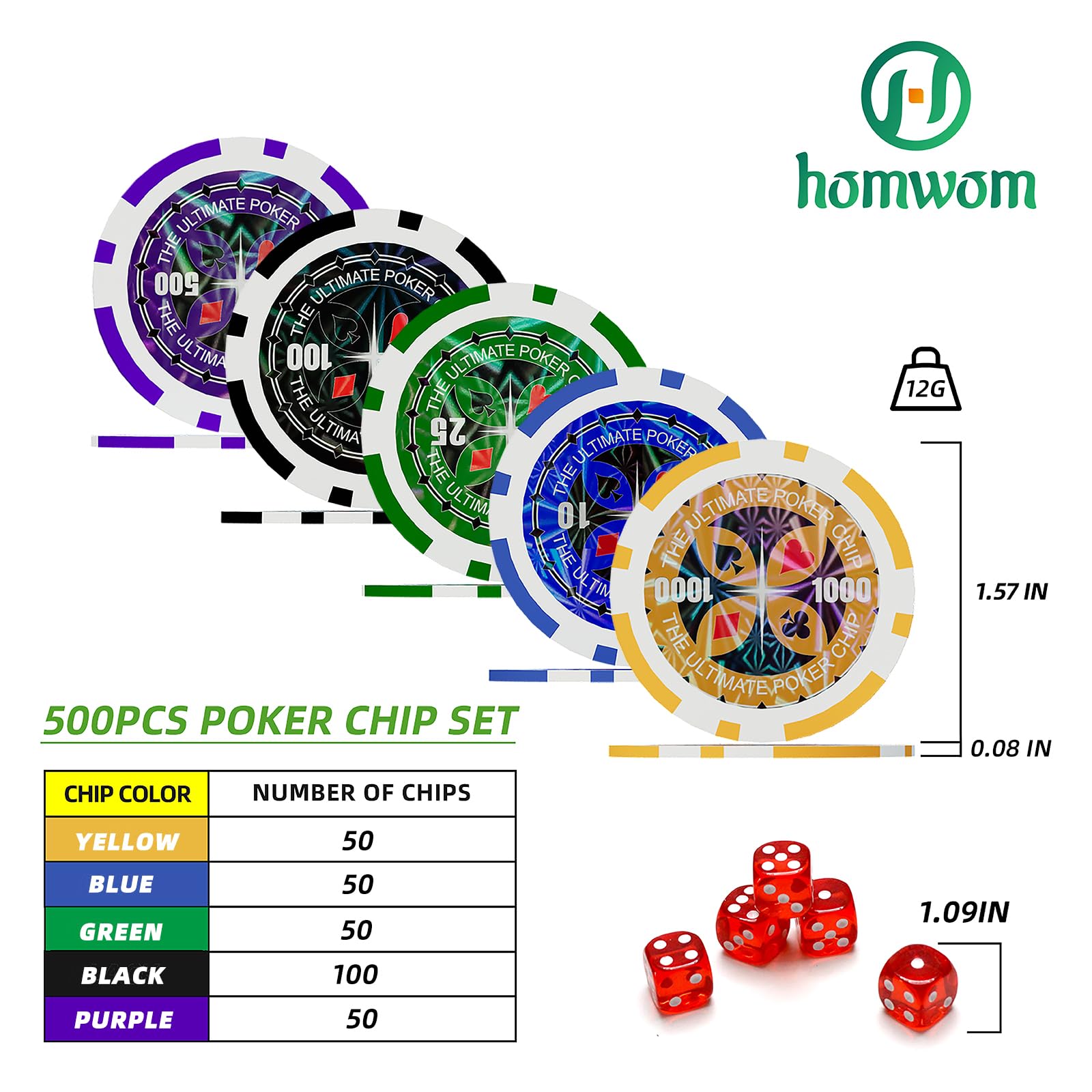 Homwom Poker-Set 300-teilig Laserpokerchips Aluminiumkoffer