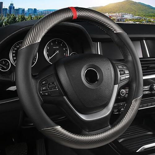 Miniatura 9 de KAFEEK Funda universal para volante de automóvil de 15 pulgadas, accesorios de cuero de microfibra de fibra de carbono negro, antideslizante
