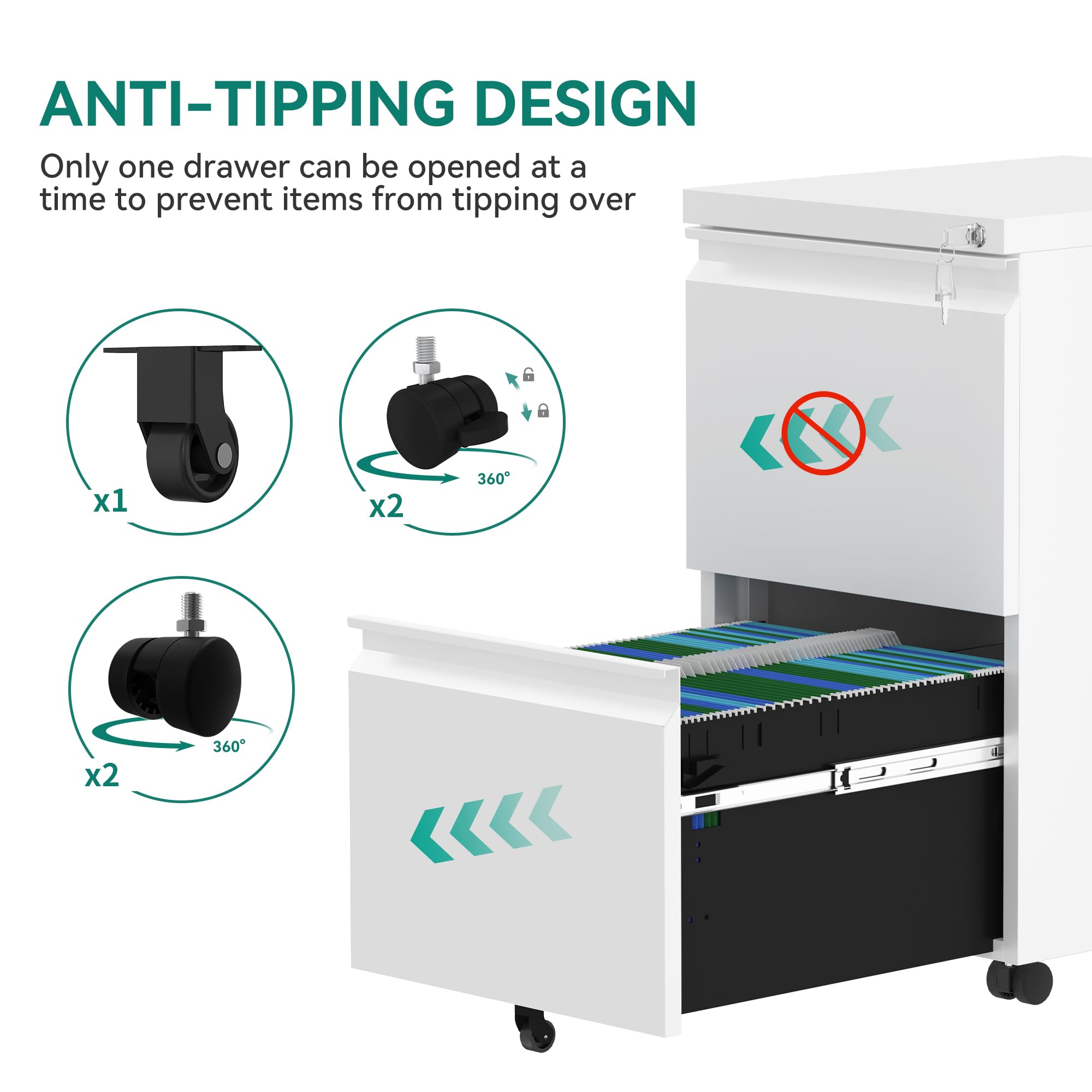 YITAHOME Armoire de classement Mobile avec 2 tiroirs verrouillables, Anti-basculement à roulettes pour Bureau à Domicile, armoires de Rangement sous Le Bureau pour Lettre/légal, Format A4, 51 x 39 x
