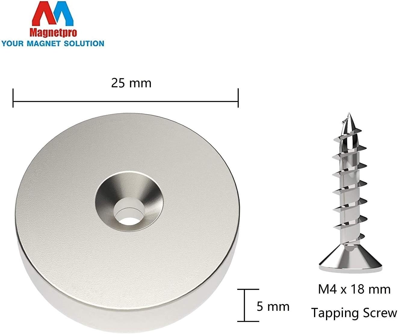 Magnetpro 6 Pieces Disc Magnete 10 KG Force 25 x 5 mm with Counterbore and Screws