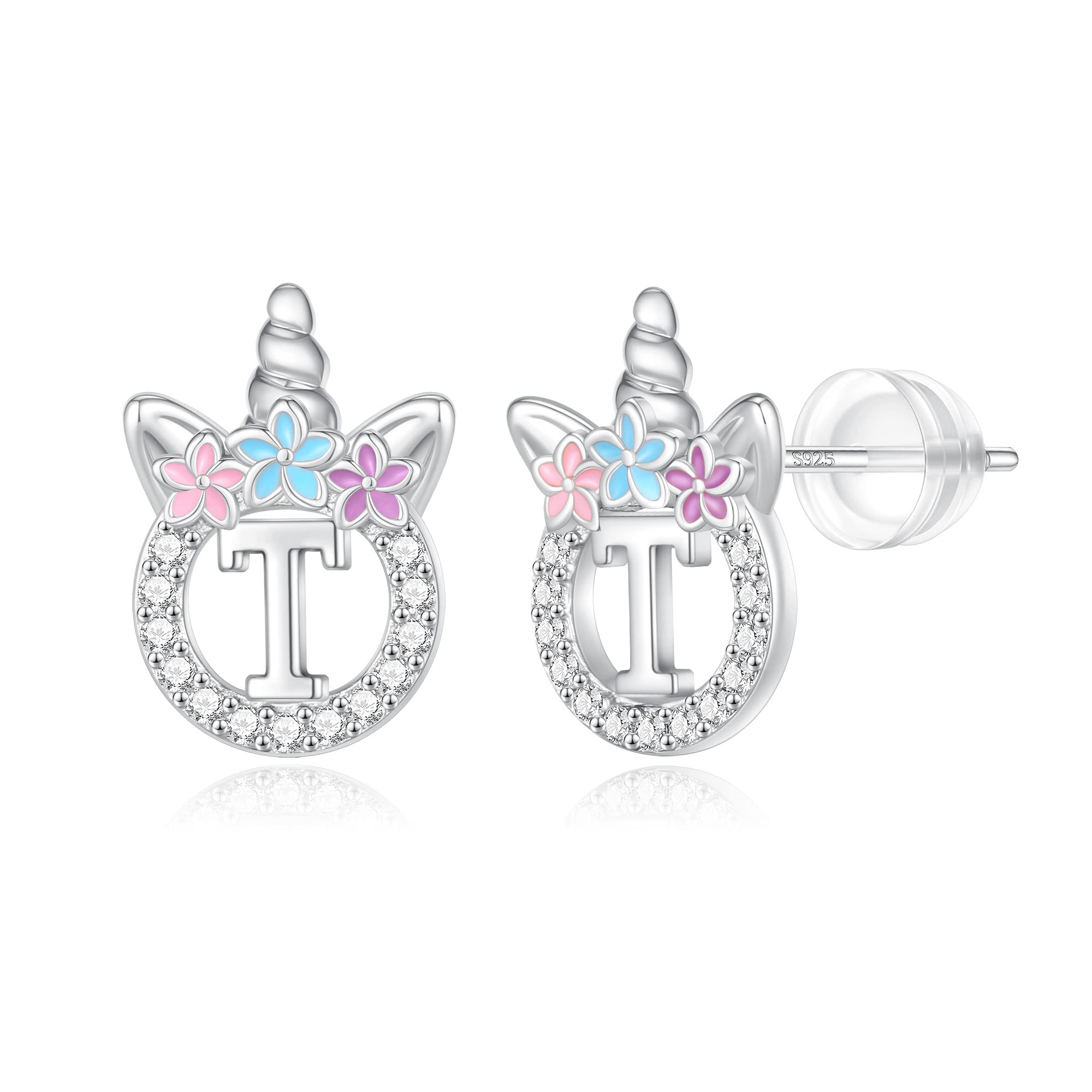 Unicorn Earrings Gifts for Girls - 925 Sterling Silver Stud Earrings Hypoallergenic Initial Unicorn Earring for Girls Kids Jewelry CZ Birthday Gifts