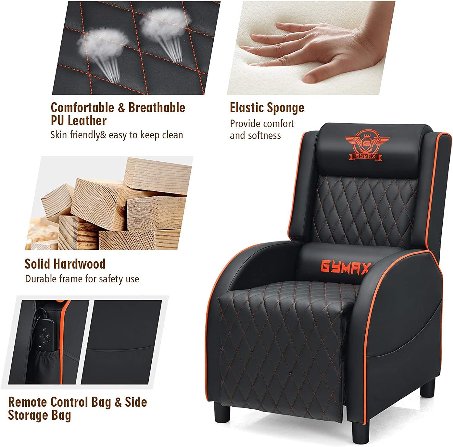 Massage Gaming Recliner Chair, PU Ergonomic Single Sofa w/Headrest, Lumbar Support, Racing Style Reclining Home Theater Seating for Living Bedroom Gaming Room (Orange)