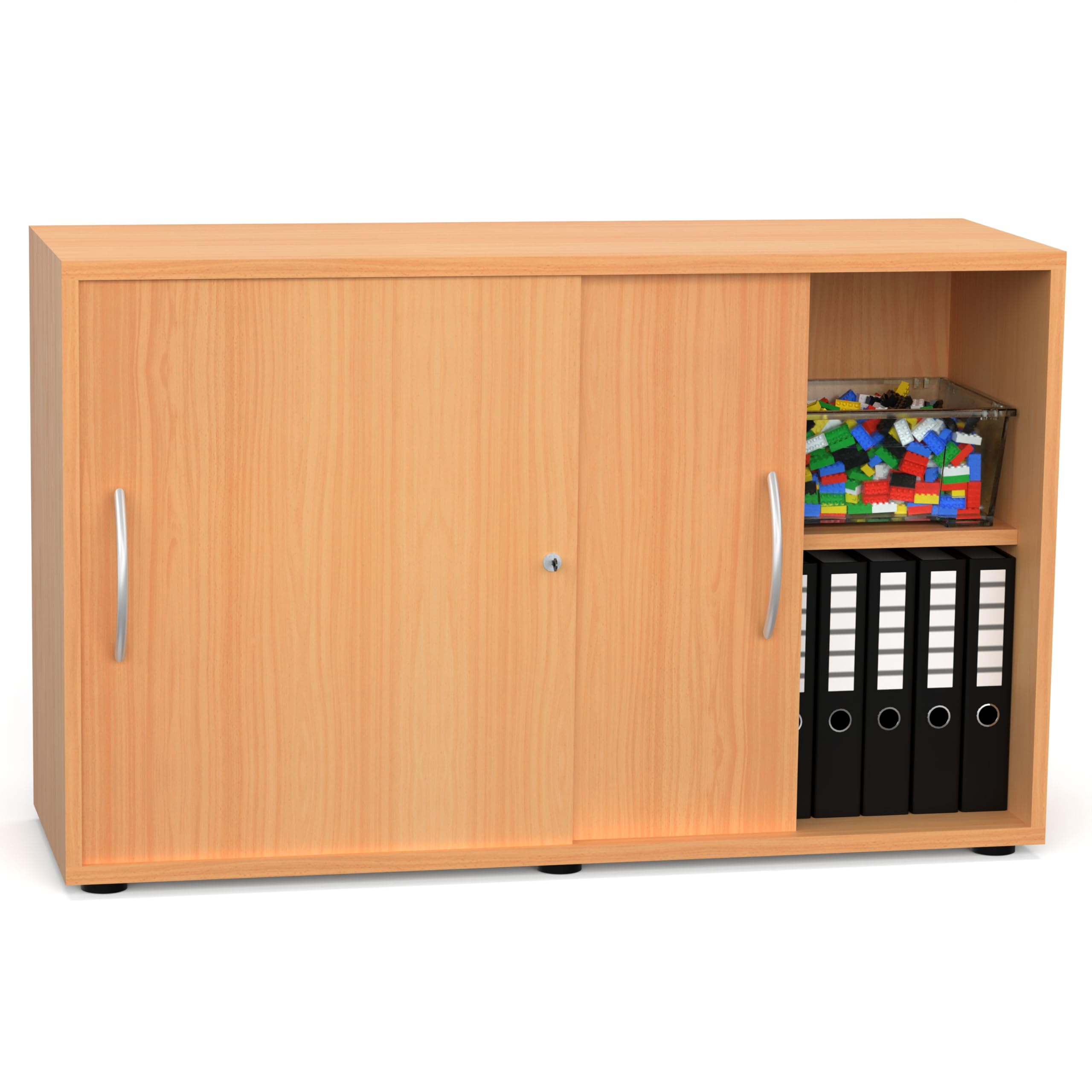 Schiebetürenschrank SLIDO 120×40×75 cm – abschließbarer Aktenschrank 2OH in Buche mit Metall-Bogengriff