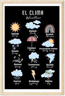LUKIPUART Weather Chart For Preschool, Spanish Classroom Posters, Bilingual Classroom Decor, Preschool Classroom Must Haves, Spanish English Dictionary (UNFRAMED)