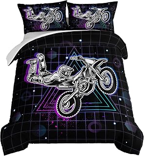HOSIMA Motorcycle Racer Comforter Set - Extreme Sports Theme Bedding for Kids, Teens, Men Room Decor - Dirt Bike Motorbike Full Size With 2 Pillowcases - Purple Line Grid Black