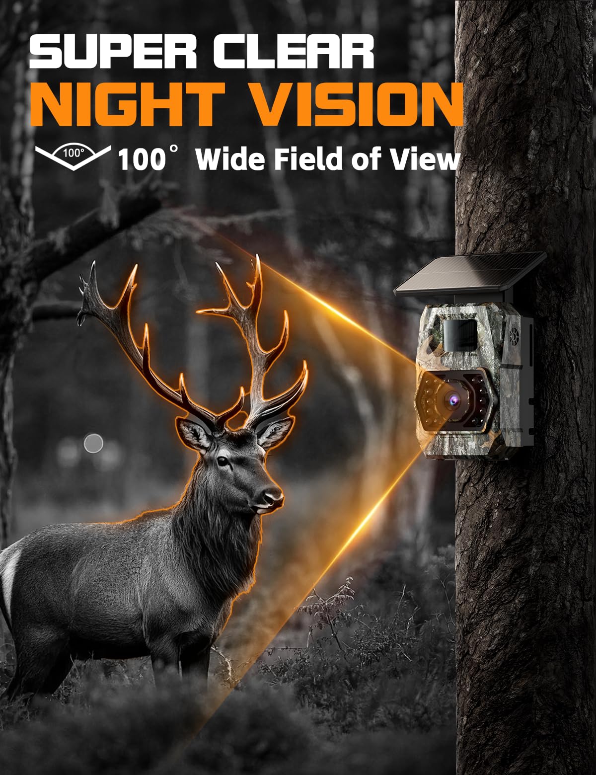 Caméra de Chasse Solaire, 60MP 4K WiFi Camera Chasse avec 5200mAh Batterie Rechargeable, 850nm LED Camera Infrarouge Vision Nocturne Animaux Caméra, Grand Angle 100°, Etanche IP66 avec Carte 32GB