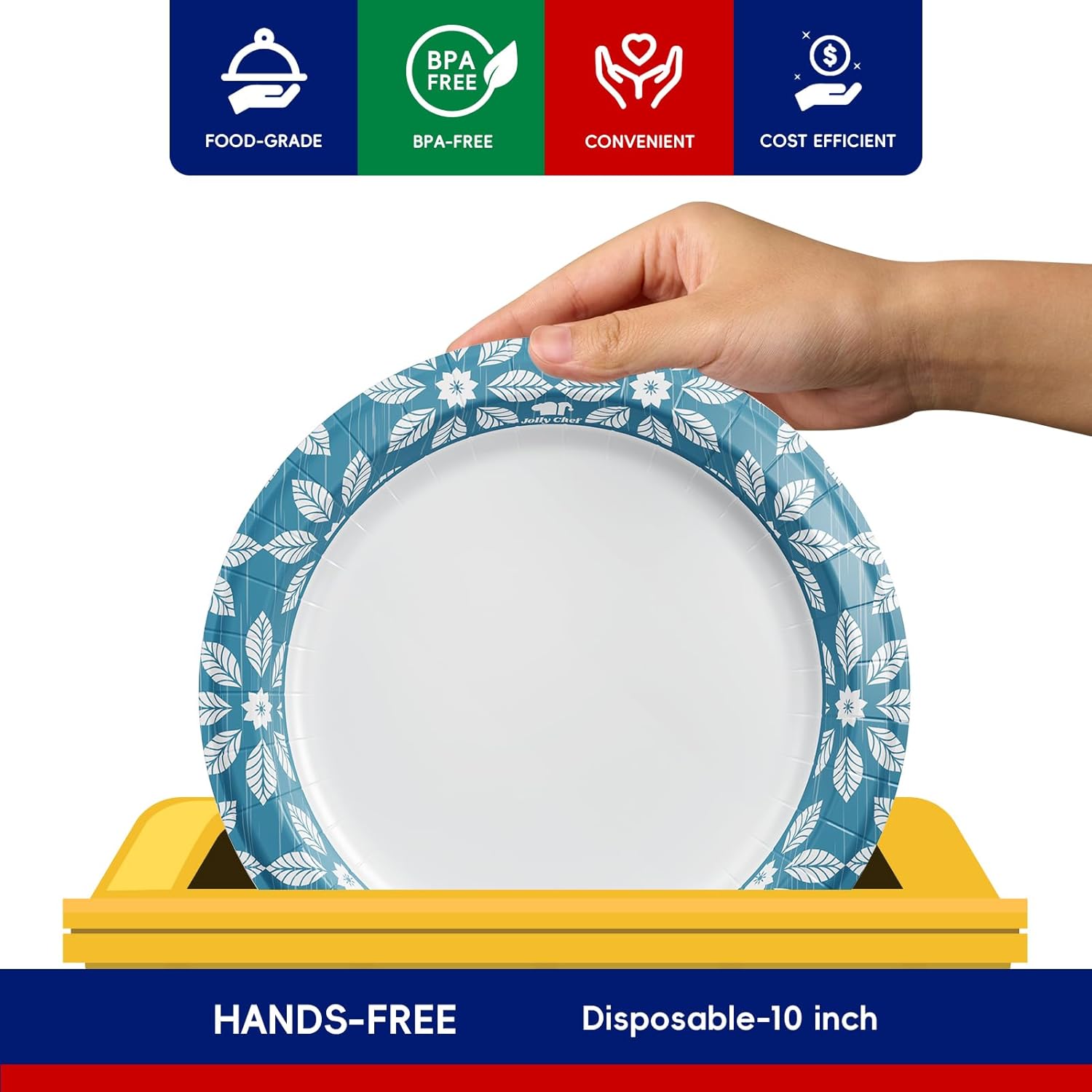 JOLLY CHEF 10 inch 140 Pack Disposable Paper Plates Heavy Duty Printed Paper Plates for Everyday Use, Soak Proof, Cut Proof - Image 2