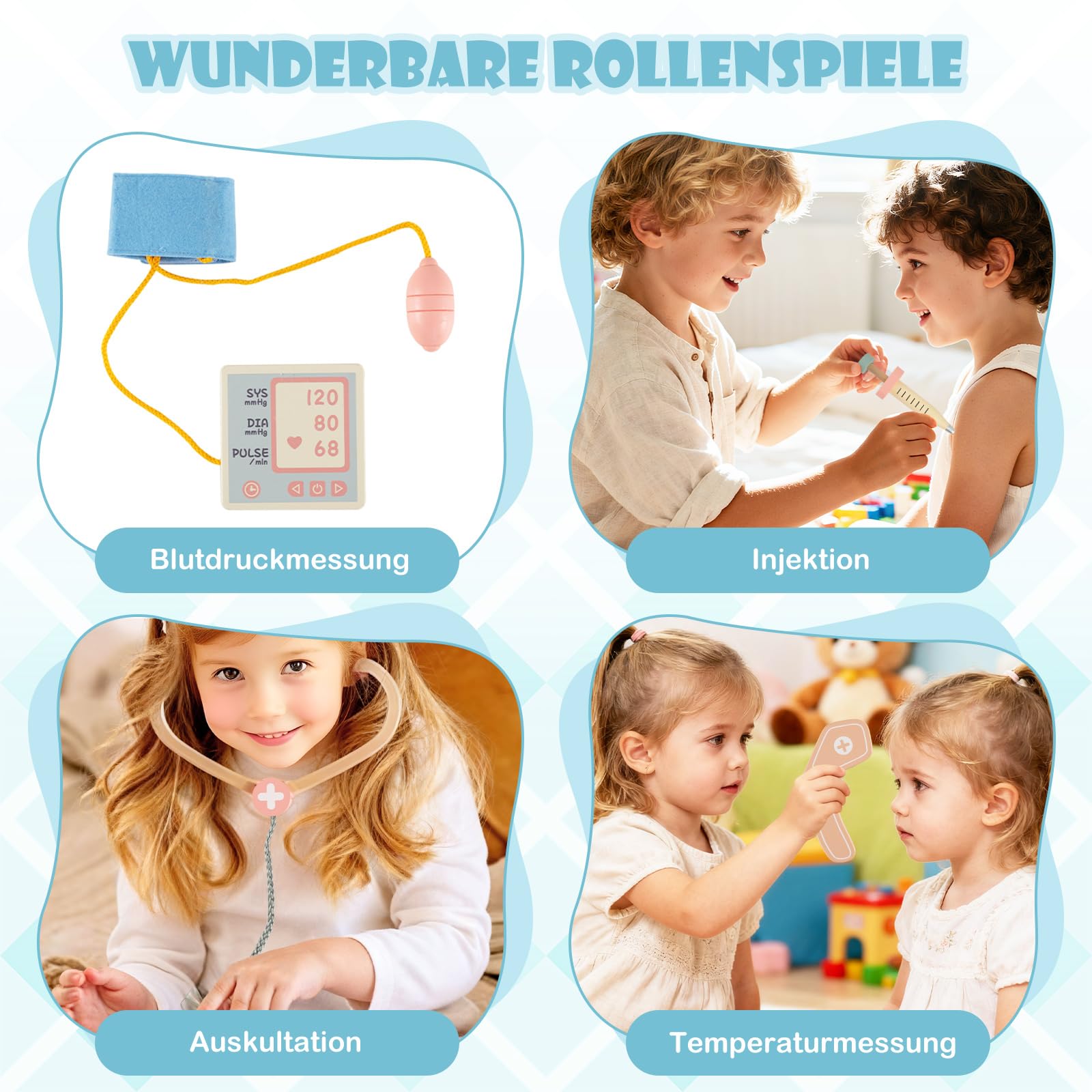 COSTWAY Holz Doktor Spielset, Krankenhaus Rollenspiel mit Sehtafel, Stethoskop, CT-Gerät, austauschbaren Filmen & medizinischen Zubehör, Arzt Set, Medizinisches Zentrum für Kinder ab 3 Jahren (Blau)