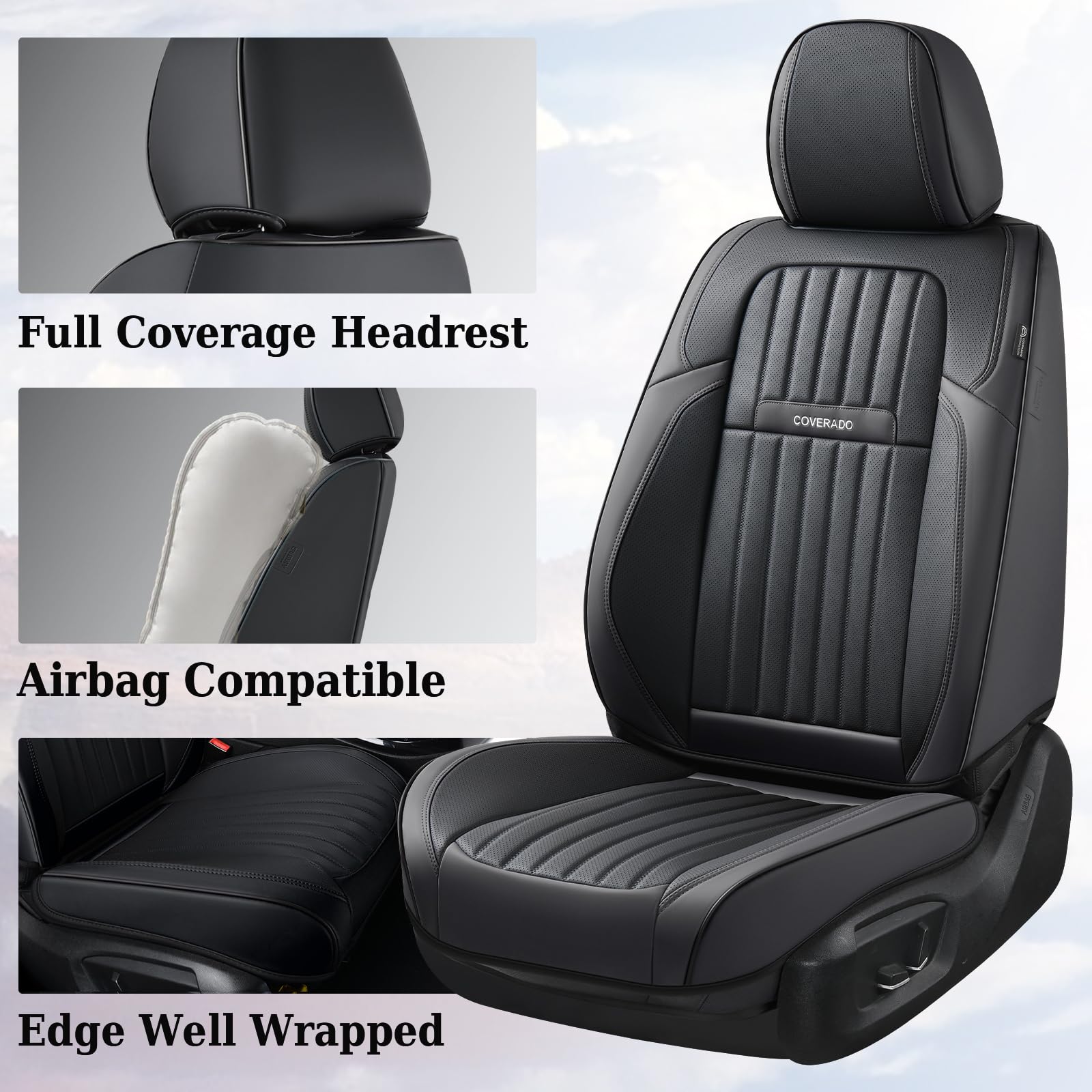 Coverado Sitzbezüge Vorne und Hinten 5 Stück Universal Autositzbezüge Set | Nappa Leder Kompatibel mit Den Meisten Limousinen SUV Pick-up Truck, Schwarz
