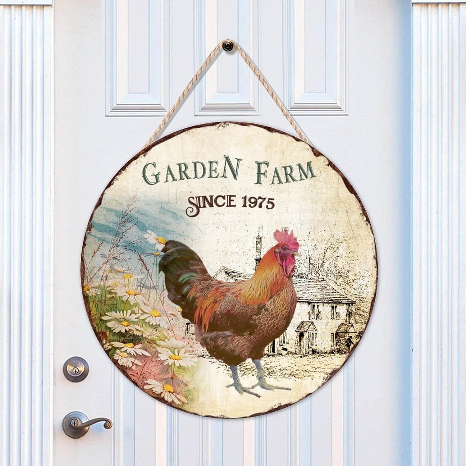 Garden Farm Since 1975 Wood Door Sign, Farmhouse Round Door Hanger Sign, 16x16in Rustic Wall Door Hanging Sign Farmhouse Backyard Door Hanger Wall Decor Housewarming Gifts
