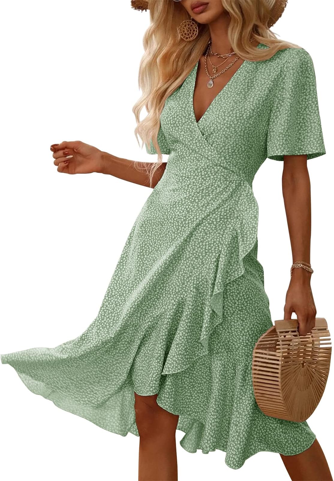 FebriajuceWomen's Summer Wrap Maxi Dress Casual Boho Floral V Neck Short Sleeve Ruffle Hem Flowy Split Beach Long Dresses
