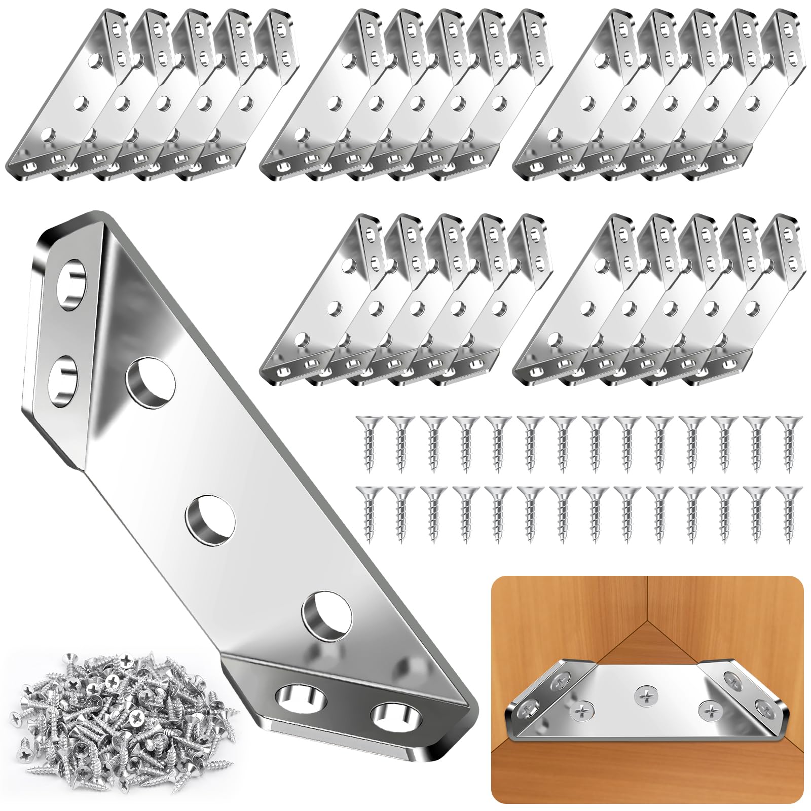 25PCS Universal Stainless Steel Corner Brackets for Wood, Metal Furniture Corner Connector for Wood, Sturdy Angle Bracket Corner Brace with 150 Screws Strong Fixing