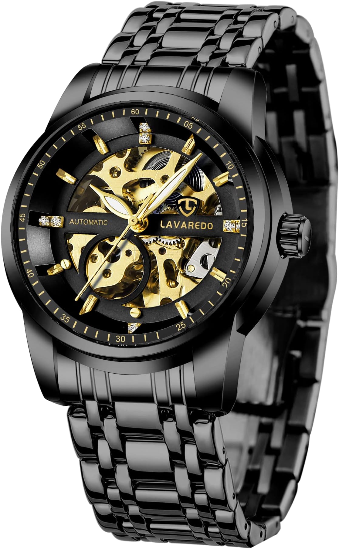 A ALPS Mens Watch Skeleton Luxury Mechanical Stainless Steel Waterproof Black Automatic Self-Winding Roman Numerals Diamond Dial Wrist Watch