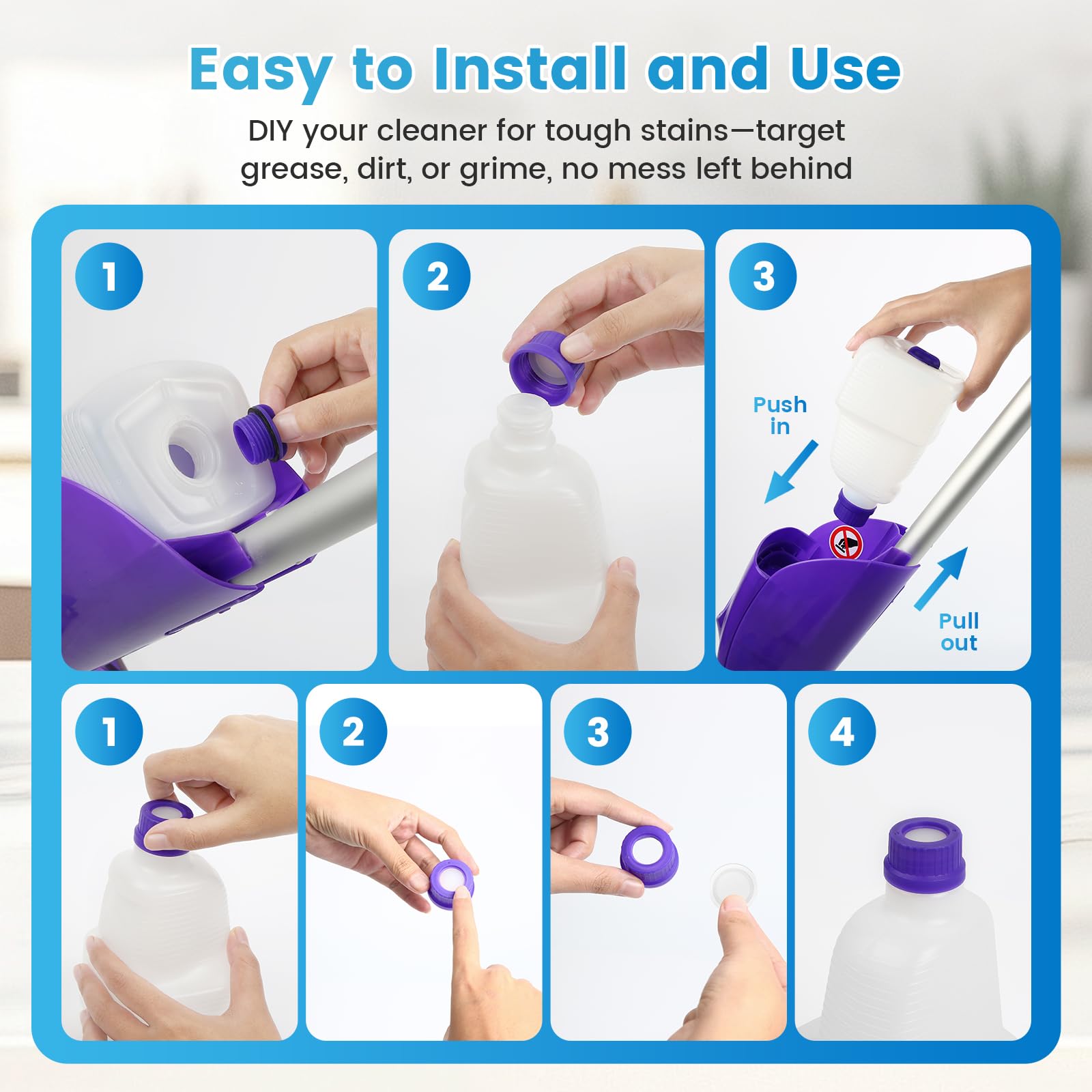 Butelka wielokrotnego napełniania do mopa Swiffer Wet Jet 500 ml / 17 FL OZ, szczelna, HDPE, pusta butelka do czyszczenia z 10 silikonowymi uszczelkami i 1 lejkiem, pielęgnacja drewna i bezpieczna dla