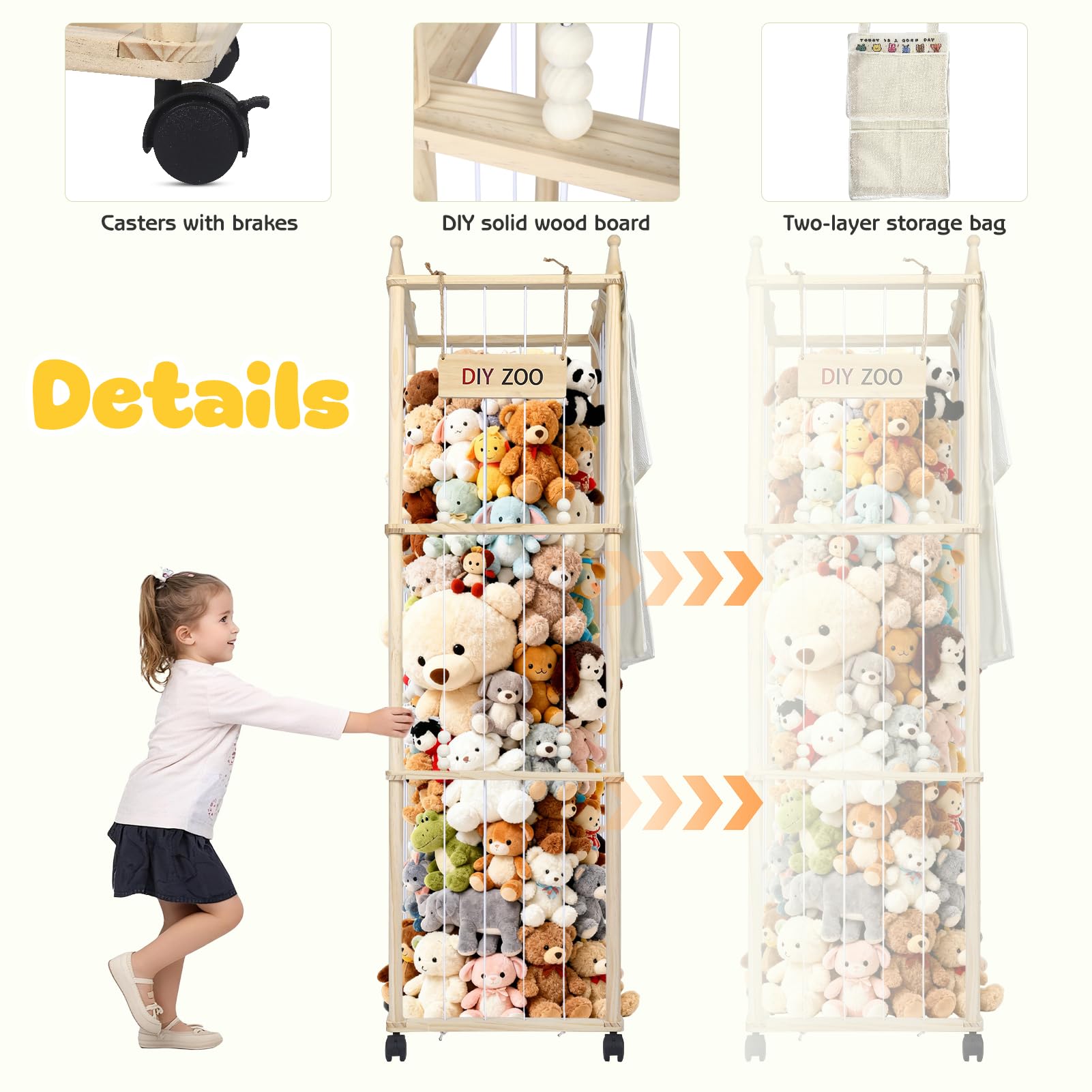 Mobiletto Portaoggetti per Animali di Peluche, 138x40x40CM in Legno Massello, Girevole a 360° e Bloccabile per Soggiorno, Camera da Letto e Cameretta dei Bambini (con Tasche Portaoggetti)