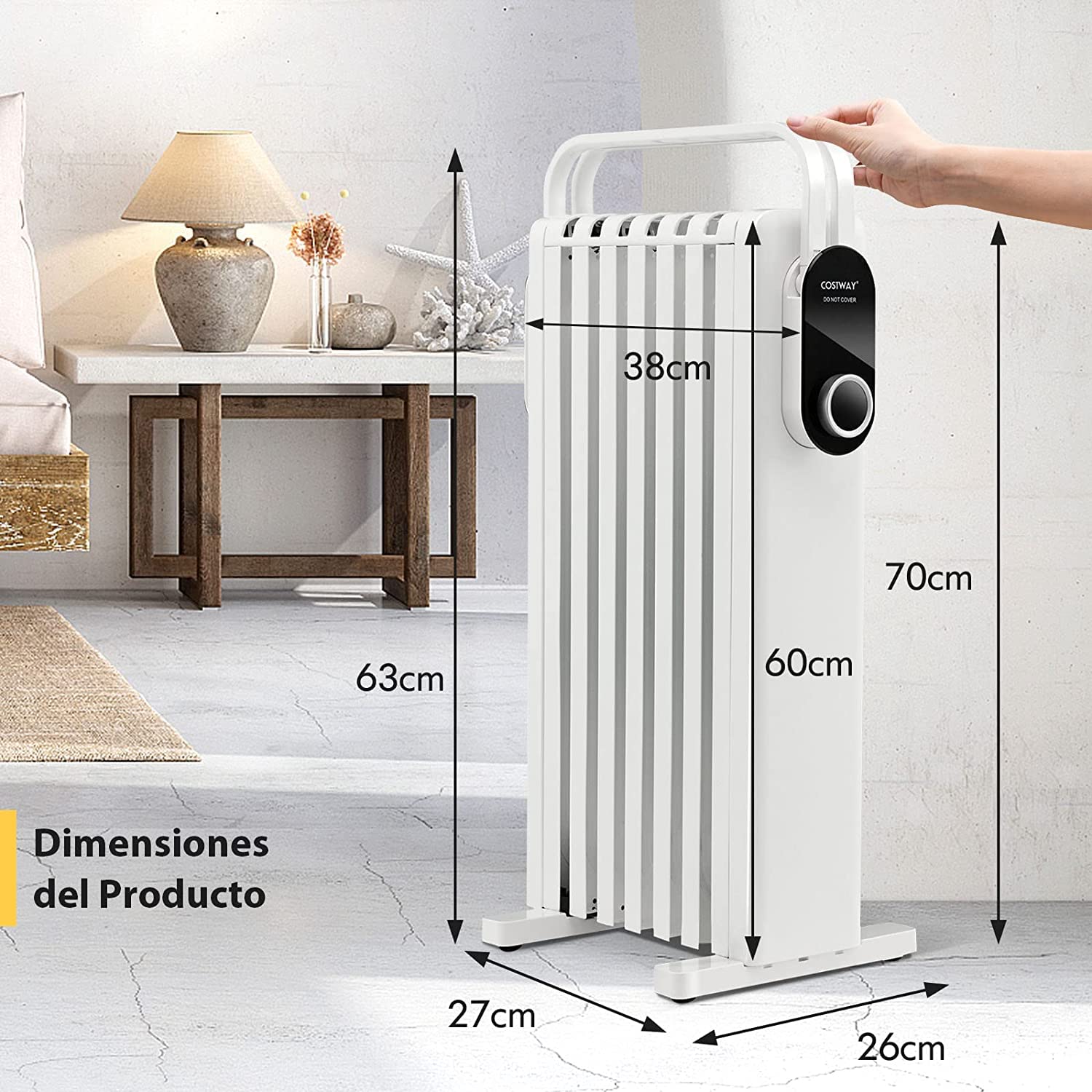 COSTWAY 1500W Radiador Eléctrico de Aceite, Calentador Eléctrico Bajo Consumo, 3 Ajustes de Calor hasta 35°, Estante Plegable para Colgar, Calentador de Bajo Ruido de Interior (Blanco)