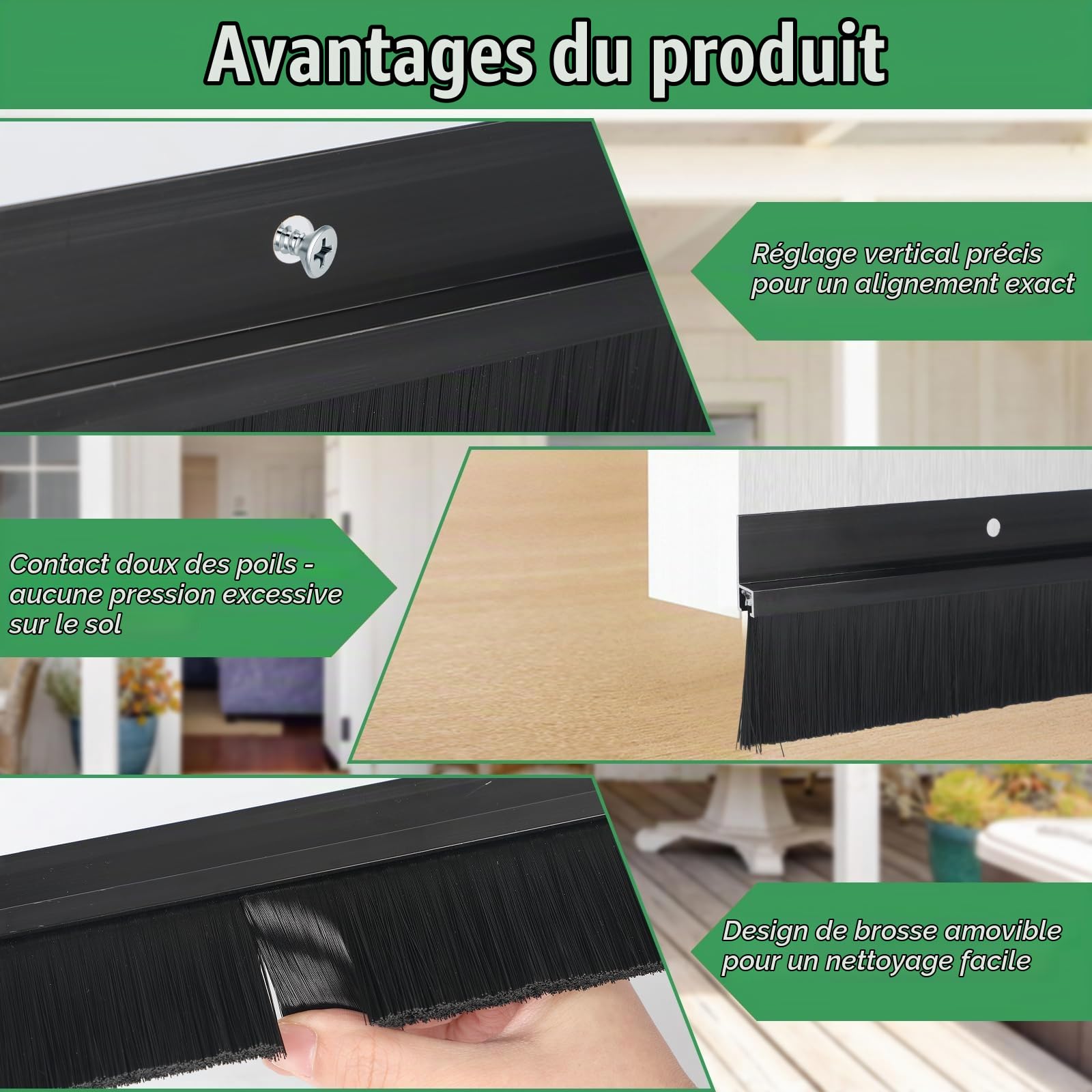Joint brosse en 2 pièces, brosse à bande, joint de porte en aluminium profilé en H, brosse de porte avec brosse en PP pour une utilisation intérieure et extérieure, coupe-froid, (100x10cm)