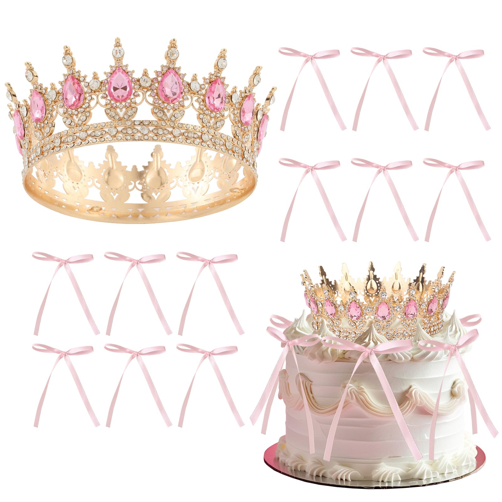 13PCS Pink Crown Cake Topper Queen Crown Tiara Cake Decorations for Pink Bows Princess Birthday Party Decorations Queen Themed Bridal Shower Wedding Party Supplies(Gold Pink)
