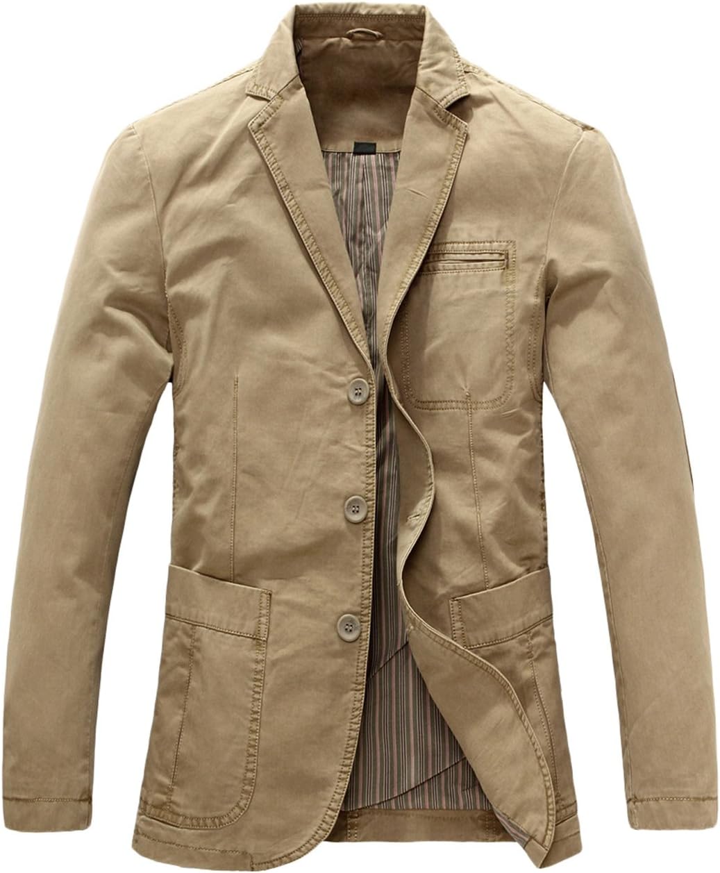 chouyatou Men's Casual Three-Button Stripe Lined Cotton Twill Suit Jacket