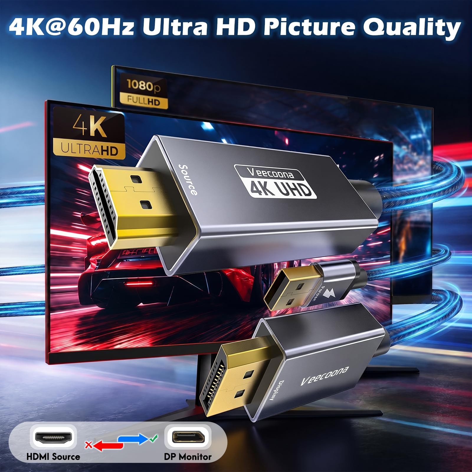 Câble actif HDMI vers DisplayPort unidirectionnel de 3 m (4K @ 60 Hz/1080p @ 120 Hz) | Source HDMI vers DP moniteur adaptateur de port d'affichage compatible avec ordinateur portable, AMD, NVIDIA, PS5