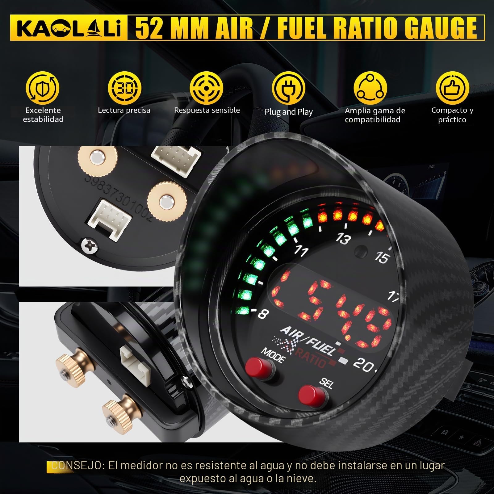 KAOLALI 30-0300 X-Wideband UEGO AFR Sensor Controller Display, 30-0300 X-Series AFR Sensor Controller Display Gauge Air Fuel Ratio 52 mm (2-1/16") Display Auto