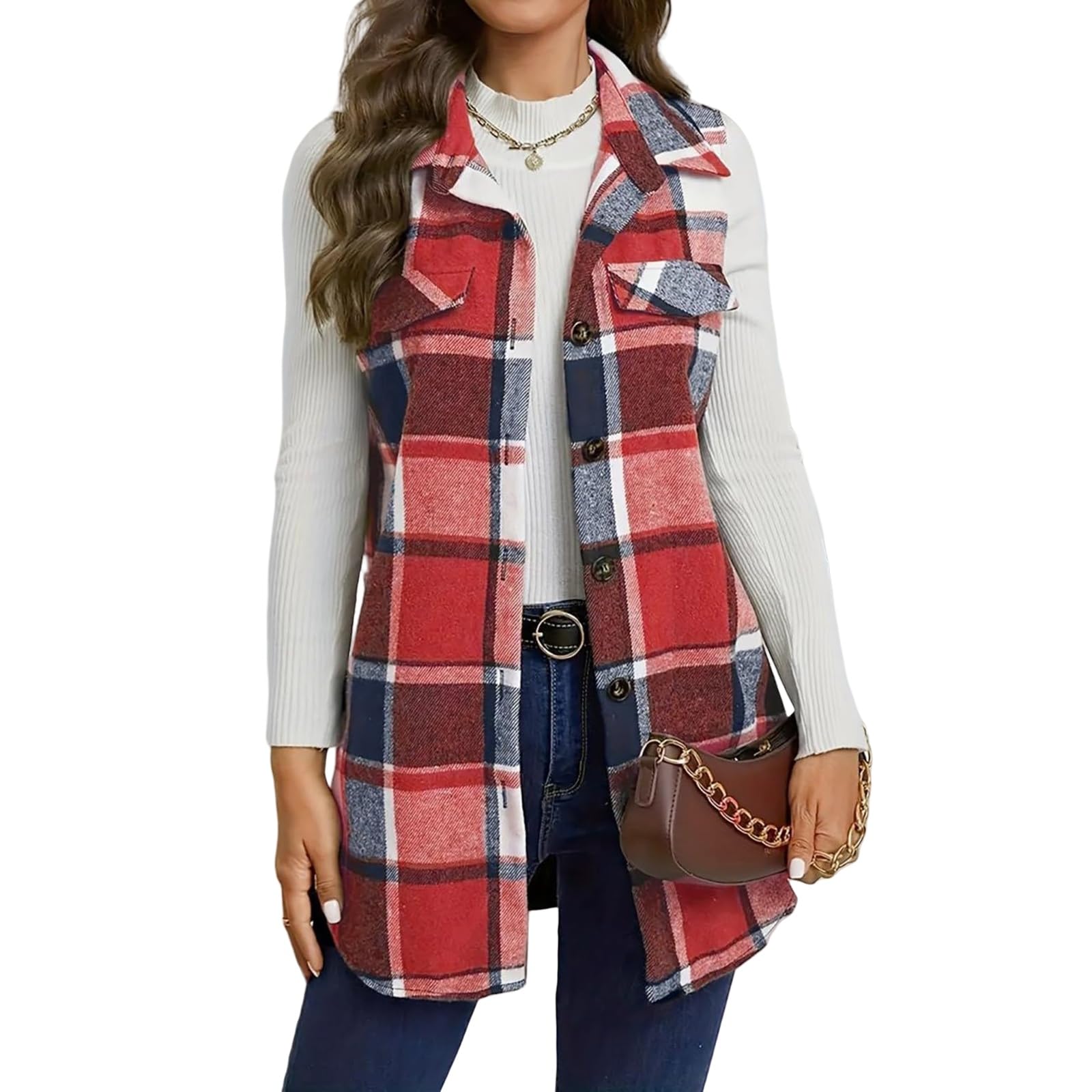 KAJXZ Plaid Vest for Women Lapel Button Down Sleeveless Shacket Fall Winter Comfortable Warm Long Jacket Outerwear Outwear