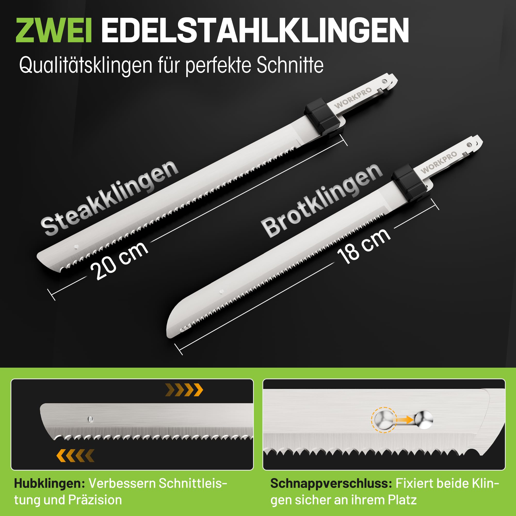 WORKPRO Elektromesser 8V, Kabelloses Küchenmesser mit 2 Edelstahlklingen, 2000 mAh Akku, Schwarz