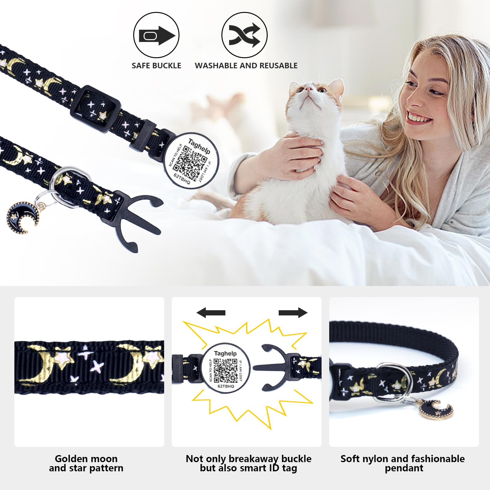 Collares de seguridad sólidos y seguros para gatitos con etiqueta de identificación QR para gatos y niñas, collar de mascotas, collar de gato, silencioso, ligero y duradero con código QR (negro y
