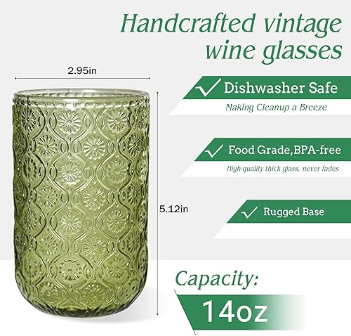 Miniatura 2 de Juego de 6 vasos de bebida vintage verdes de 14 onzas, vasos de agua verde en relieve para cerveza, jugo, cóctel, whisky, leche