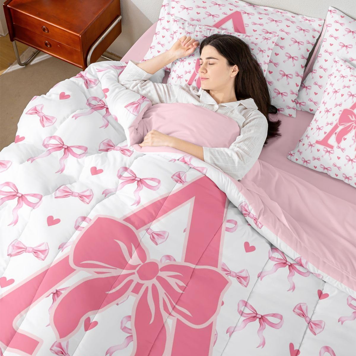 Erosebridal Initial Letter A Bed in A Bag Queen 7 Piece | Pink Bowknot Comforter Set Ribbon Coquette Decor Bedding Sets for Kids Boys Girls Monogram Dreamy Princess Style Sheet Set with Comforter