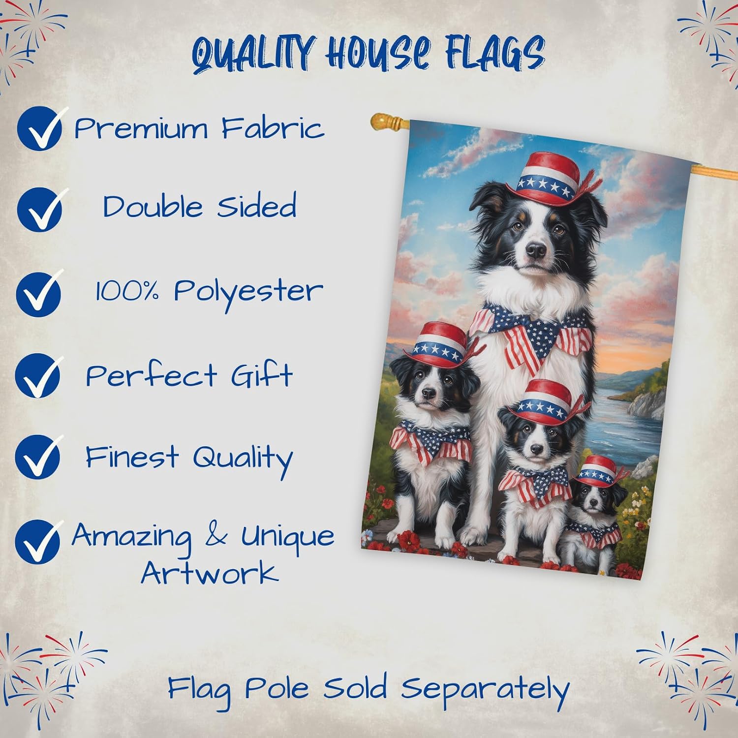 Border Collie Dog 4th of July House Flag – Personalized Double Sided Patriotic Yard Decor with Cute Dogs Independence Day Outdoor Decoration for Lawn, Garden, Porch or Patio 28"W x 40"H