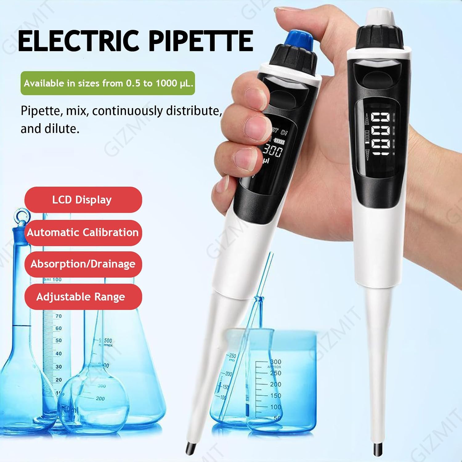 0.5-1000ul Adjustable Volume Pipettors, Single Channel Multifunctional Electronic Pipette Lab Electric Pipette, Self-caibration Pipettes for Pipetting, Mixing, Stepper, Dilution 100-1000μL