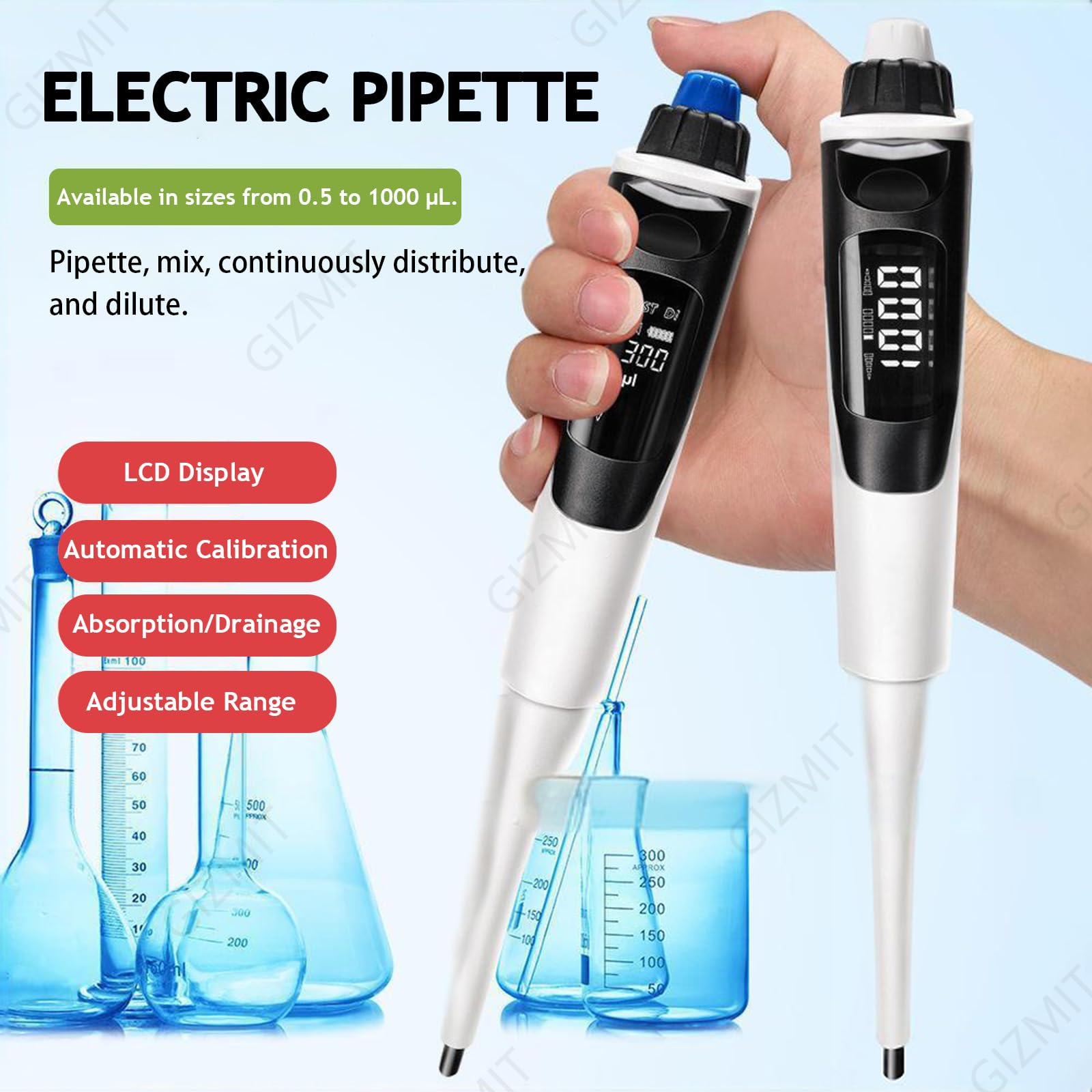 Controlador de pipeta eléctrico, pipeta de laboratorio micro ajustable para alta precisión de 0,5 a 1000 μL, ideal para clases de ciencia en el hogar y experimentos de laboratorio