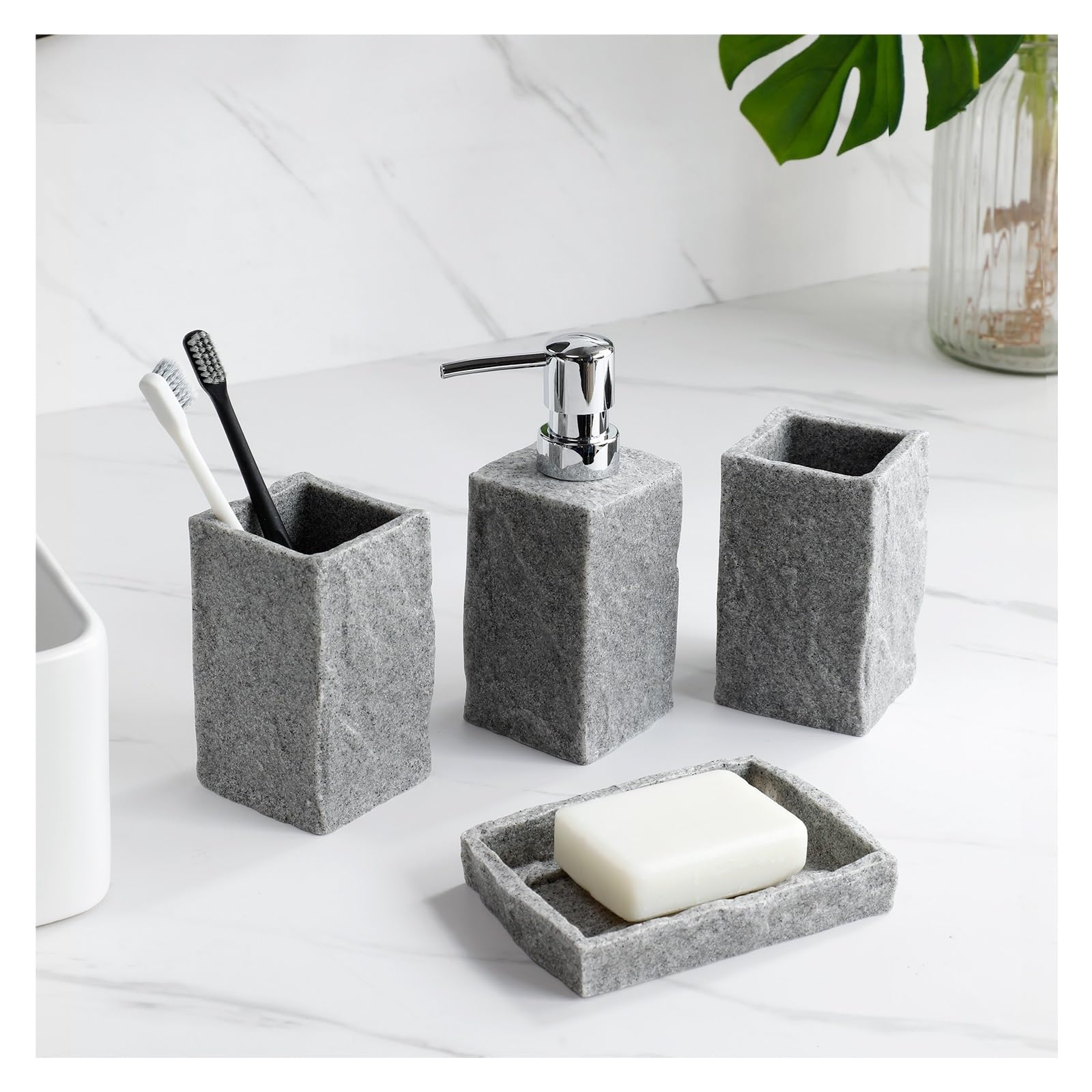 Set Dispensador Jabon Baño Juego de 4 Accesorios de baño, dispensador de jabón líquido, Soporte for Cepillo de Dientes, Vaso for Enjuague bucal, jabonera, Apariencia de Granito de imitación