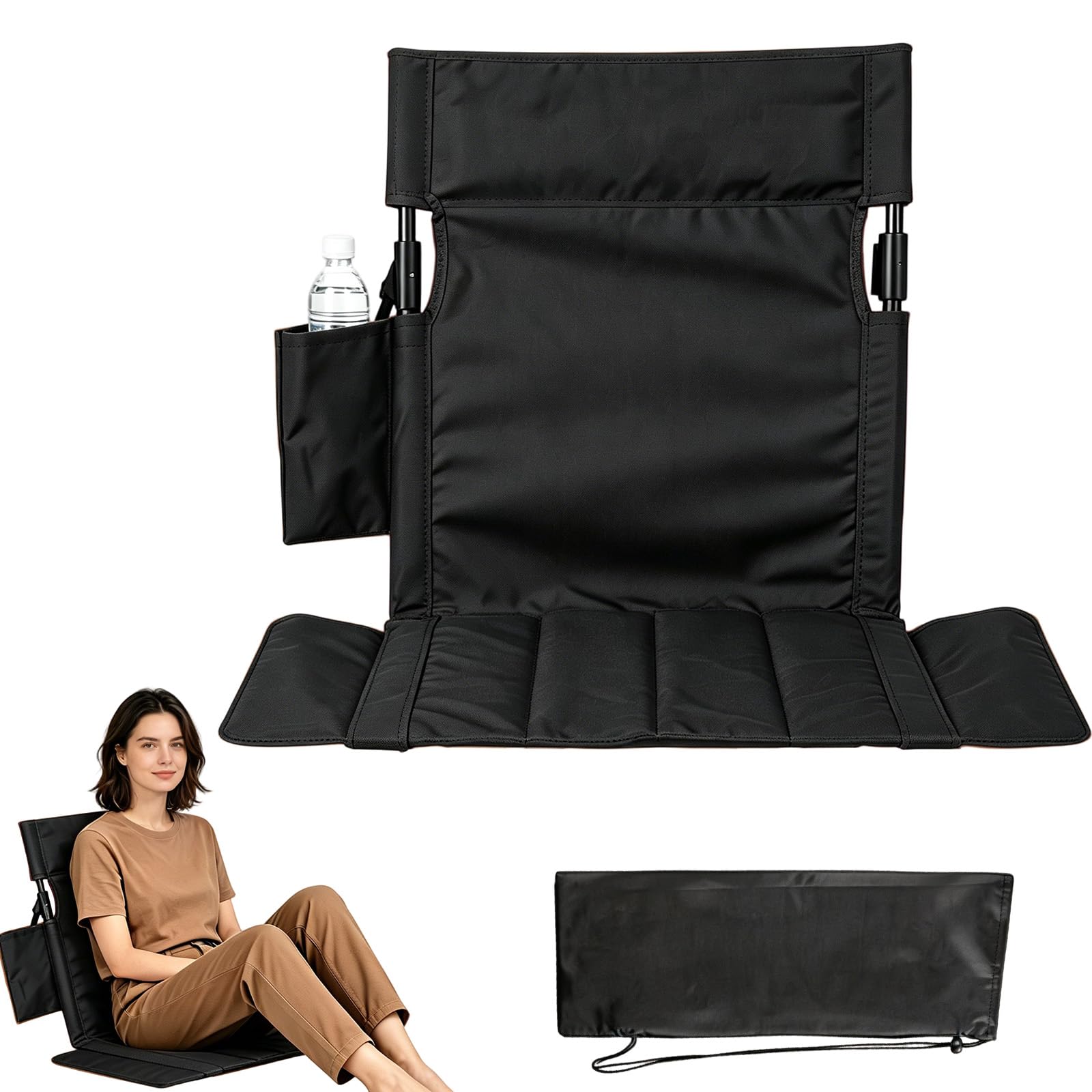 FARYODI Sedia pieghevole da spiaggia con cuscino e schienale, 40 x 39 cm, sedia da campeggio pieghevole, sedia da spiaggia, sedia da pavimento, cuscino tribune, per picnic, giardino, escursioni (nero)