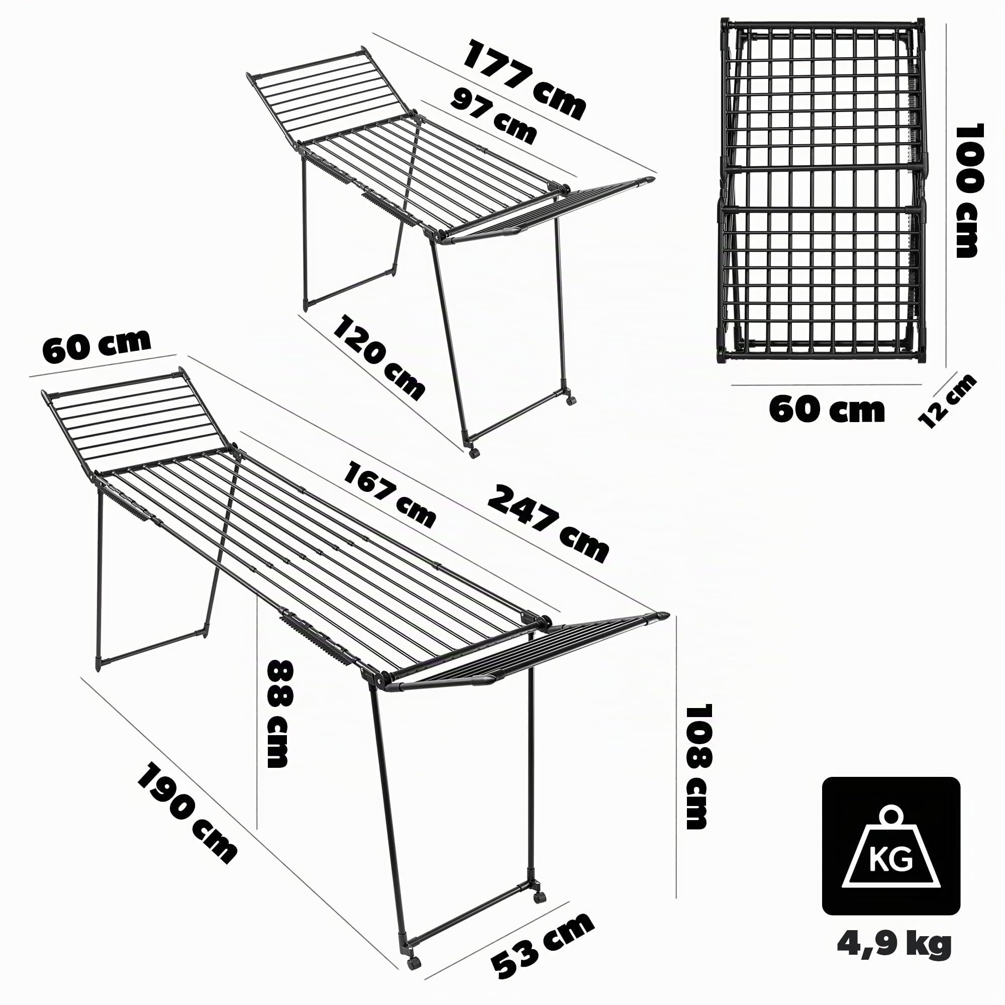 KADAX Tendedero extensible, 257x60x99 cm, secador de pie con gran superficie de secado, secador de ropa plegable, tendedero de alas extensible (Negro)