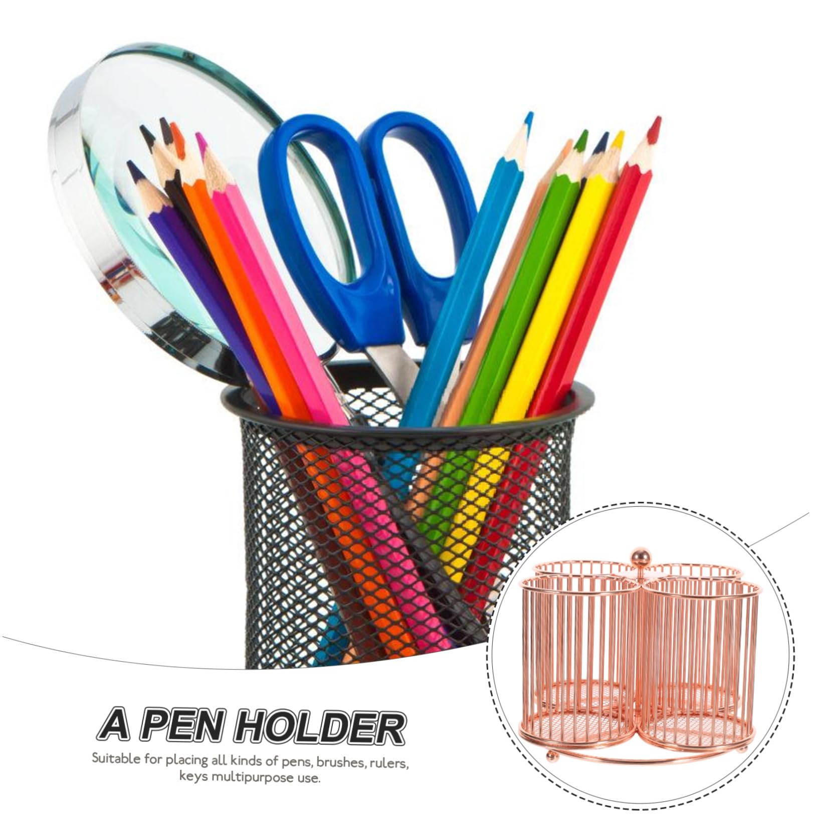 Mikikit Portapenne Girevole in Metallo Rosa con Quattro Scomparti Organizer per Pennelli e Cancelleria Capiente e Robusto per Scrivania Ufficio