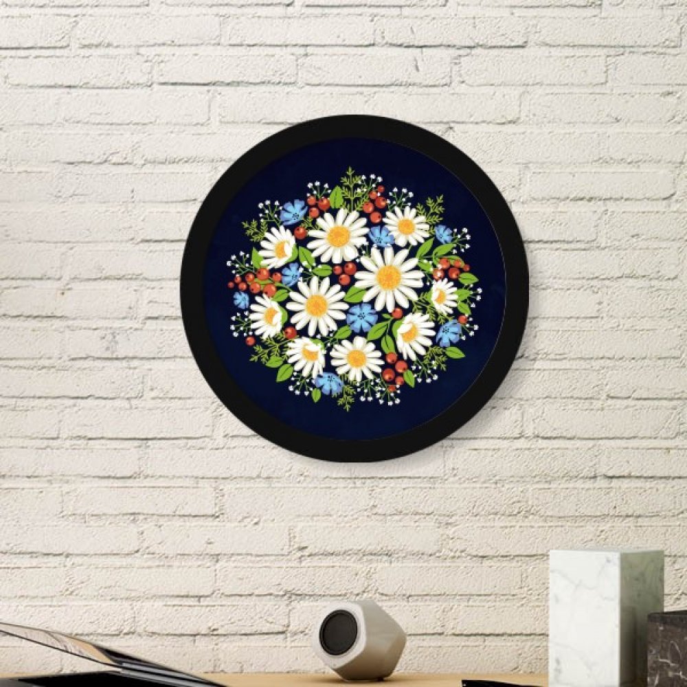 Cadre photo en bois rond noir art fleur blanc chrysanthème décoration maison