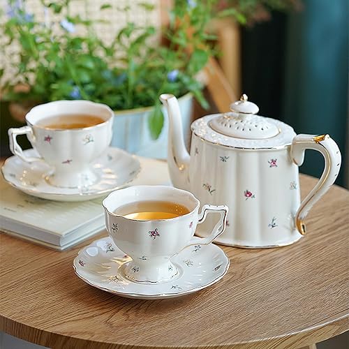 Miniatura 3 de Juego de taza de té y platillo de porcelana, taza de café de cerámica de 8.5 onzas líquidas con platillo y cuchara, taza de café vintage con ribete