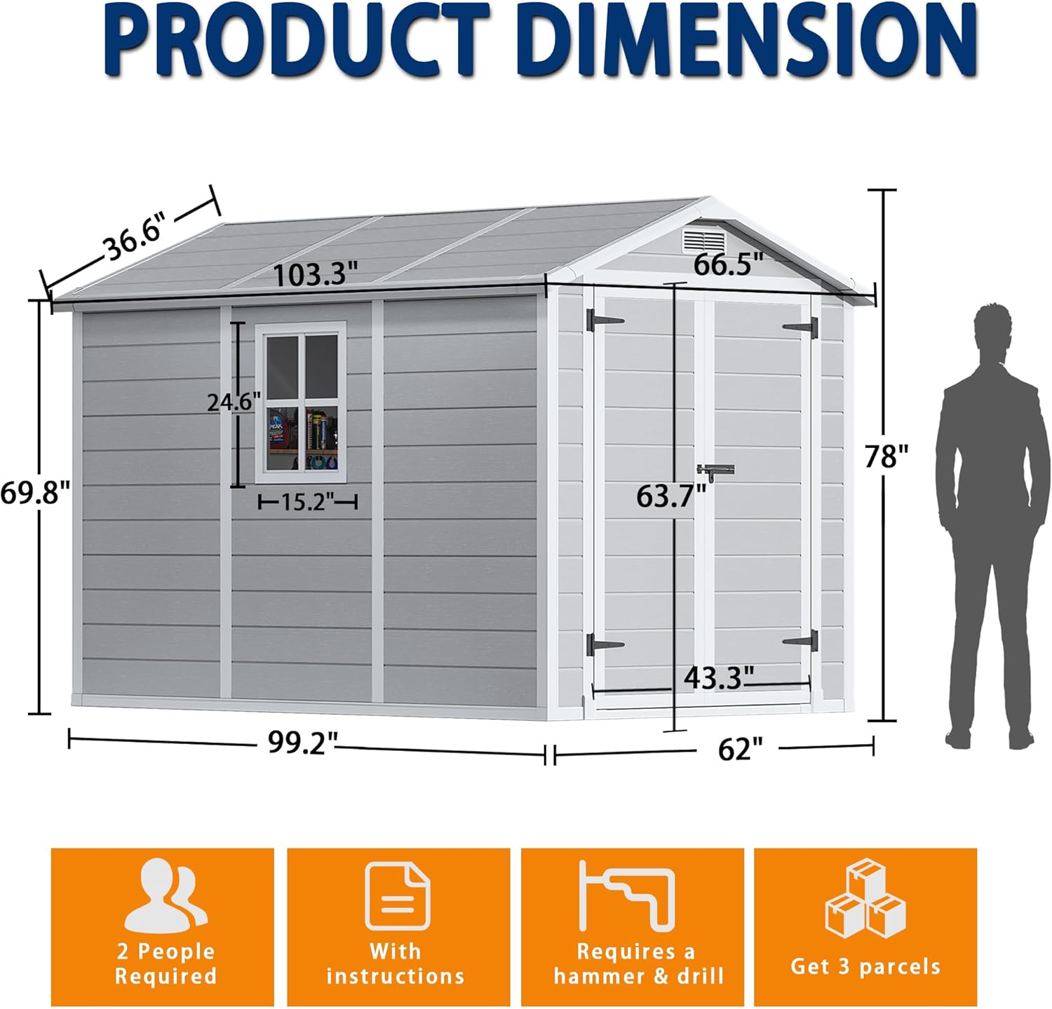 MOOITZ 8.7x5.5 FT Resin Storage Shed, Weather-Resistant Outdoor Storage Shed with Floor Included, Windows, Lockable Doors and Vents, Outside Plastic Tool Sheds for Garden, Lawn, Backyard, Gray