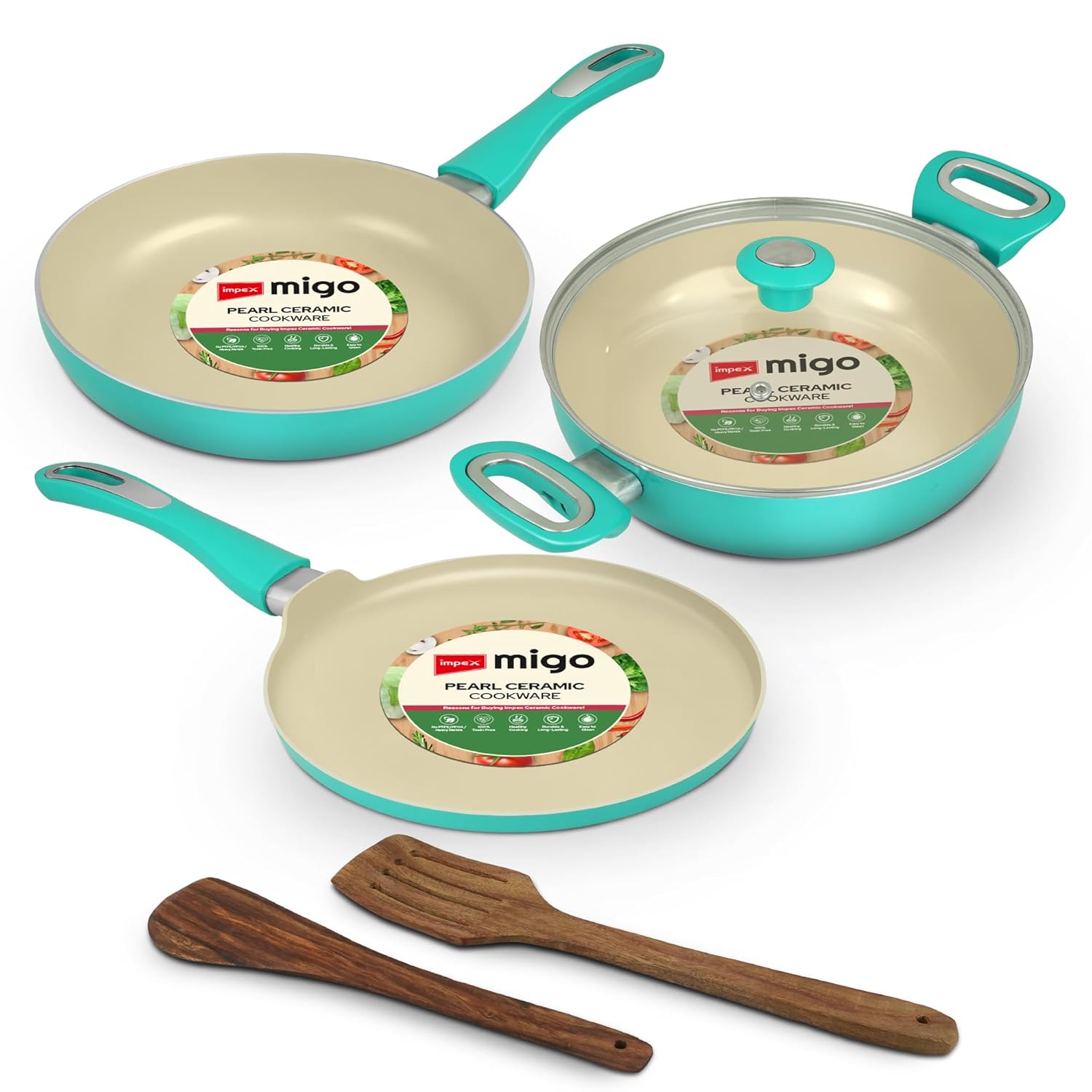 Impex Ceramic Cookware Set | 6 Pc Induction Base Non Stick Kadai Pan with Lid, Fry Pan, Tawa Pan and 2 Spatulas | Free from PTFE, PFOA and Heavy Metals| 100% Non Toxic | 2 Year Warranty Impex Ceramic Cookware Set | 6 Pc Induction Base Non Stick Kadai Pan with Lid, Fry Pan, Tawa Pan and 2 Spatulas | Free from PTFE, PFOA and Heavy Metals| 100% Non Toxic | 2 Year Warranty