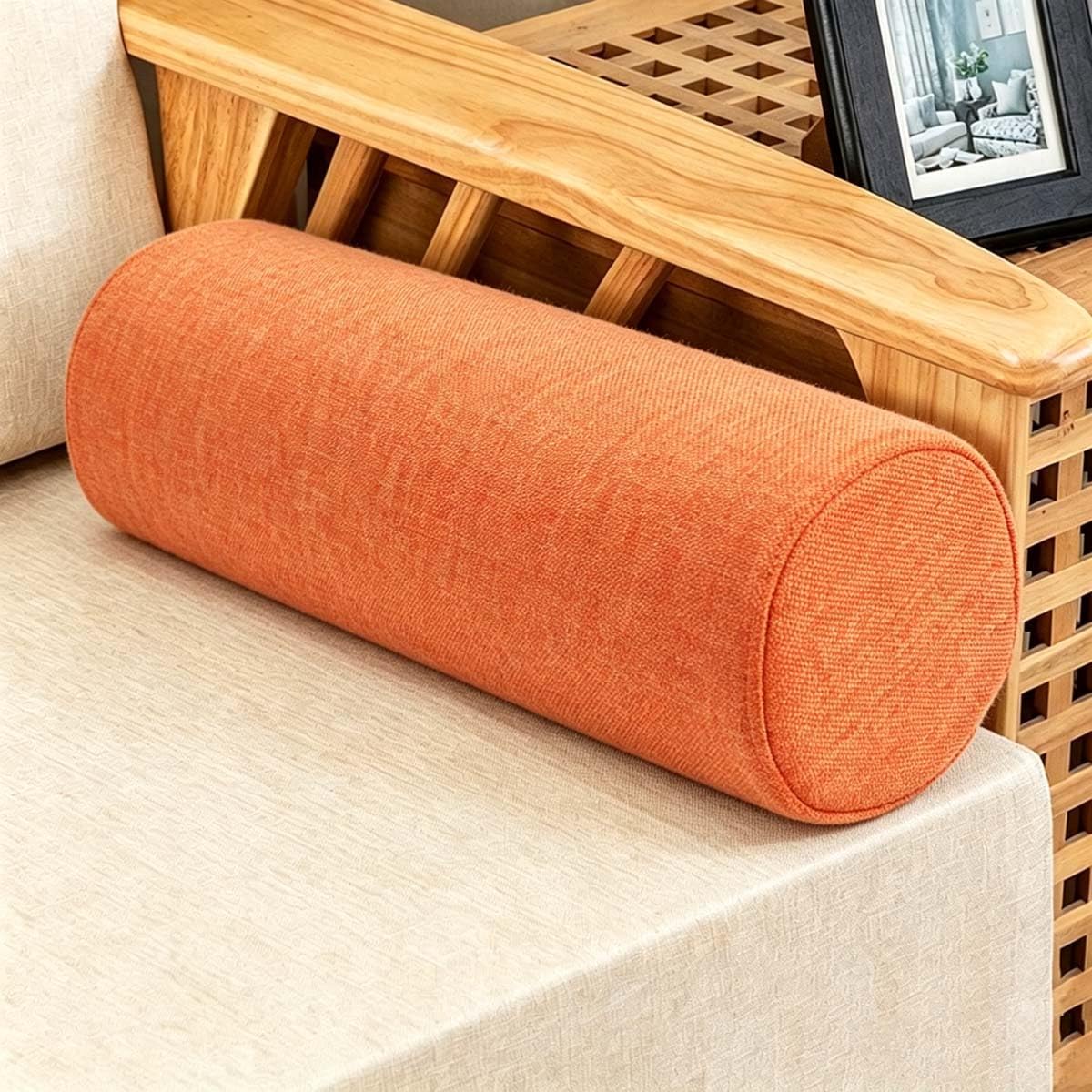 Akuops Round Bolster Cushion, Cuddly Soft Linen Neck Pillow, Knee Roll Cushions, Round Back Lumbar Elbow Support for Armrest at Sofa & Bed, Compact and Lightweight (90x20cm,Orange)