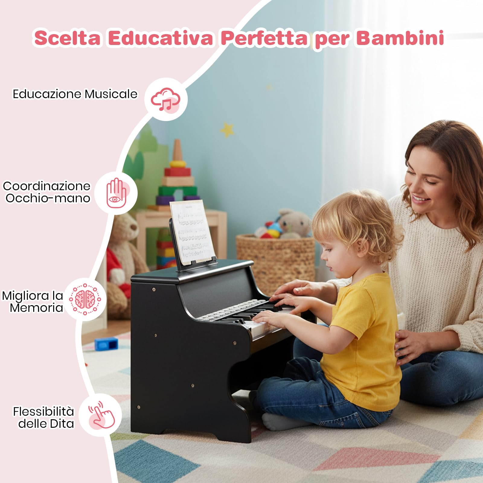 RELAX4LIFE Pianoforte per Bambini con 25 Tasti con Tasti Illuminati, Modalità Insegnamento,Portaspartiti, Funzione Registra/Riproduci, 6 Strumenti e 8 Percussioni (ROSA)